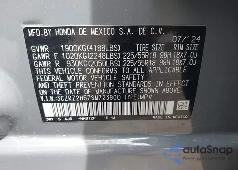 2025 Honda Hr-V Awd Sport z USA, uszkodzony, nr VIN 3CZRZ2H57SM723900